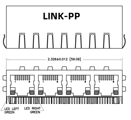 HFJ14-1G01ER-L11RL 1x4 RJ45 Fastjack com 1000base-T Magnetics