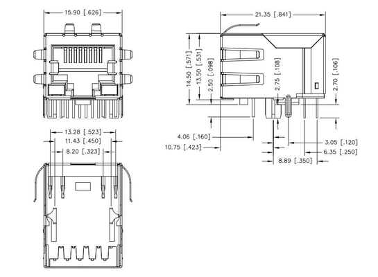 O único RJ45 conector magnético portuário de JXD0-9006NLT Tab Down 100BASE-T 8 PIN With G/Y conduziu